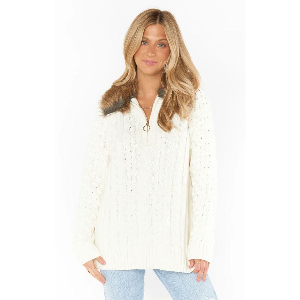 Show Me Your Mumu Sun Valley Pullover Cream‎ Cable Knit Faux Fur Sweater Small